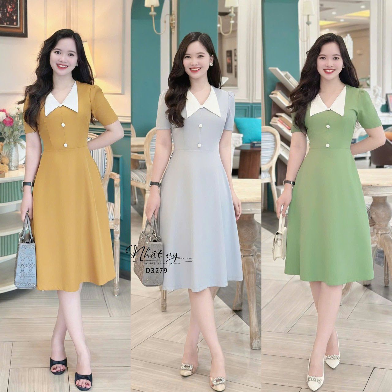 Đầm cổ V phối bèo đính nút bọc form dáng xoè - D3279