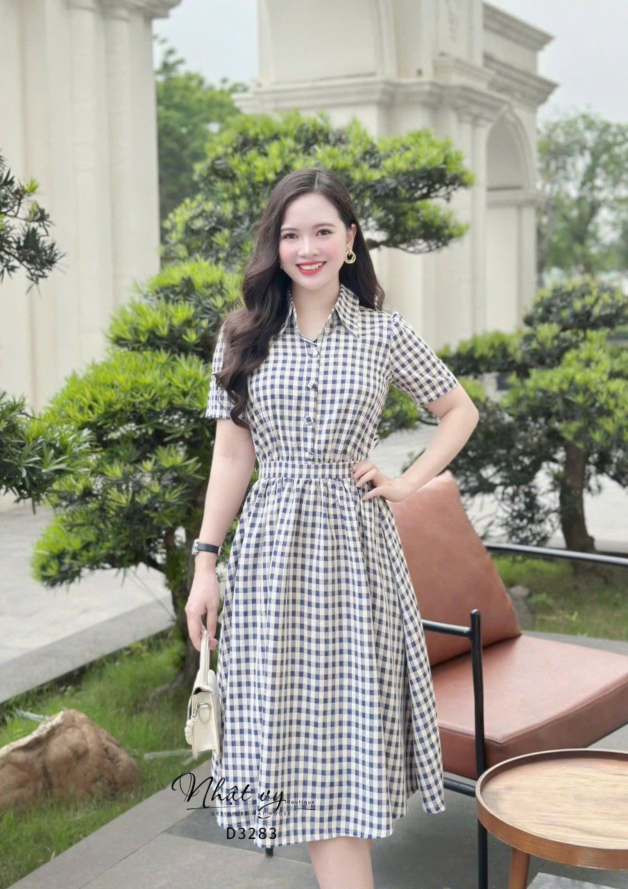 Đầm sơ mi caro đính nút bọc - D3283