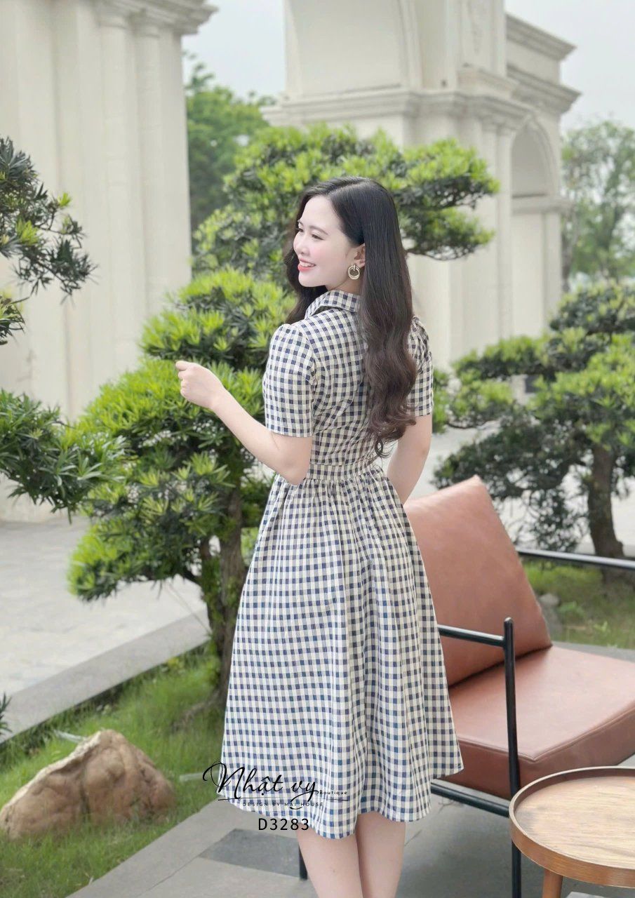 Đầm sơ mi caro đính nút bọc - D3283