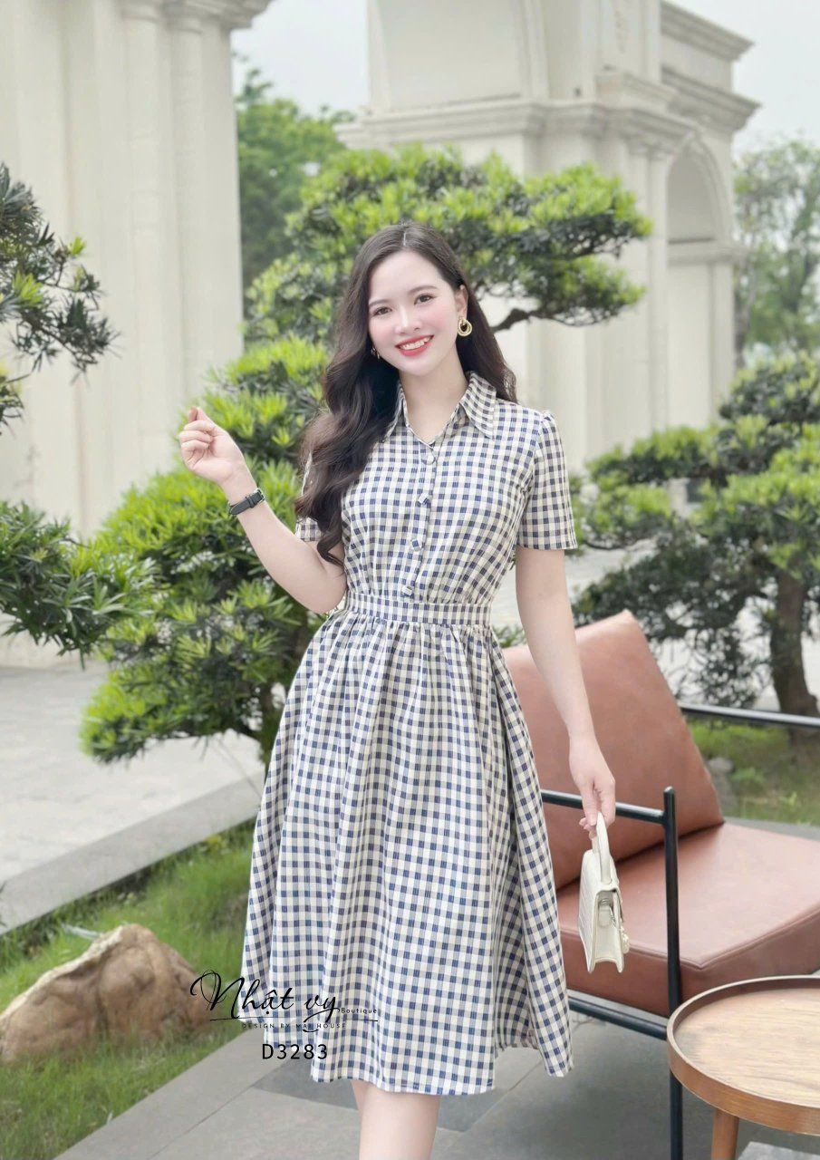 Đầm sơ mi caro đính nút bọc - D3283