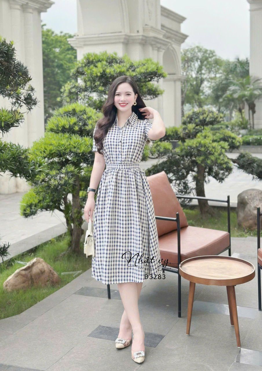 Đầm sơ mi caro đính nút bọc - D3283