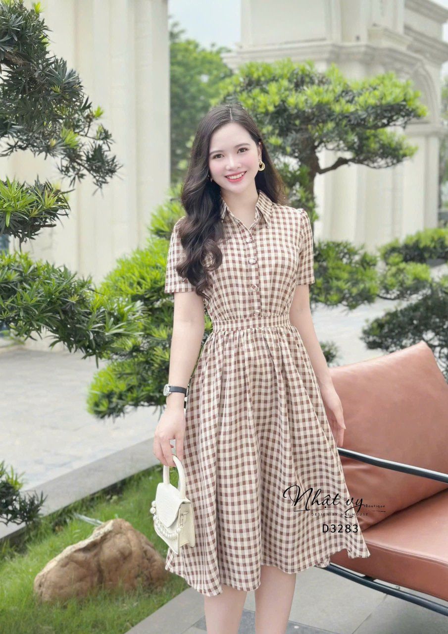 Đầm sơ mi caro đính nút bọc - D3283