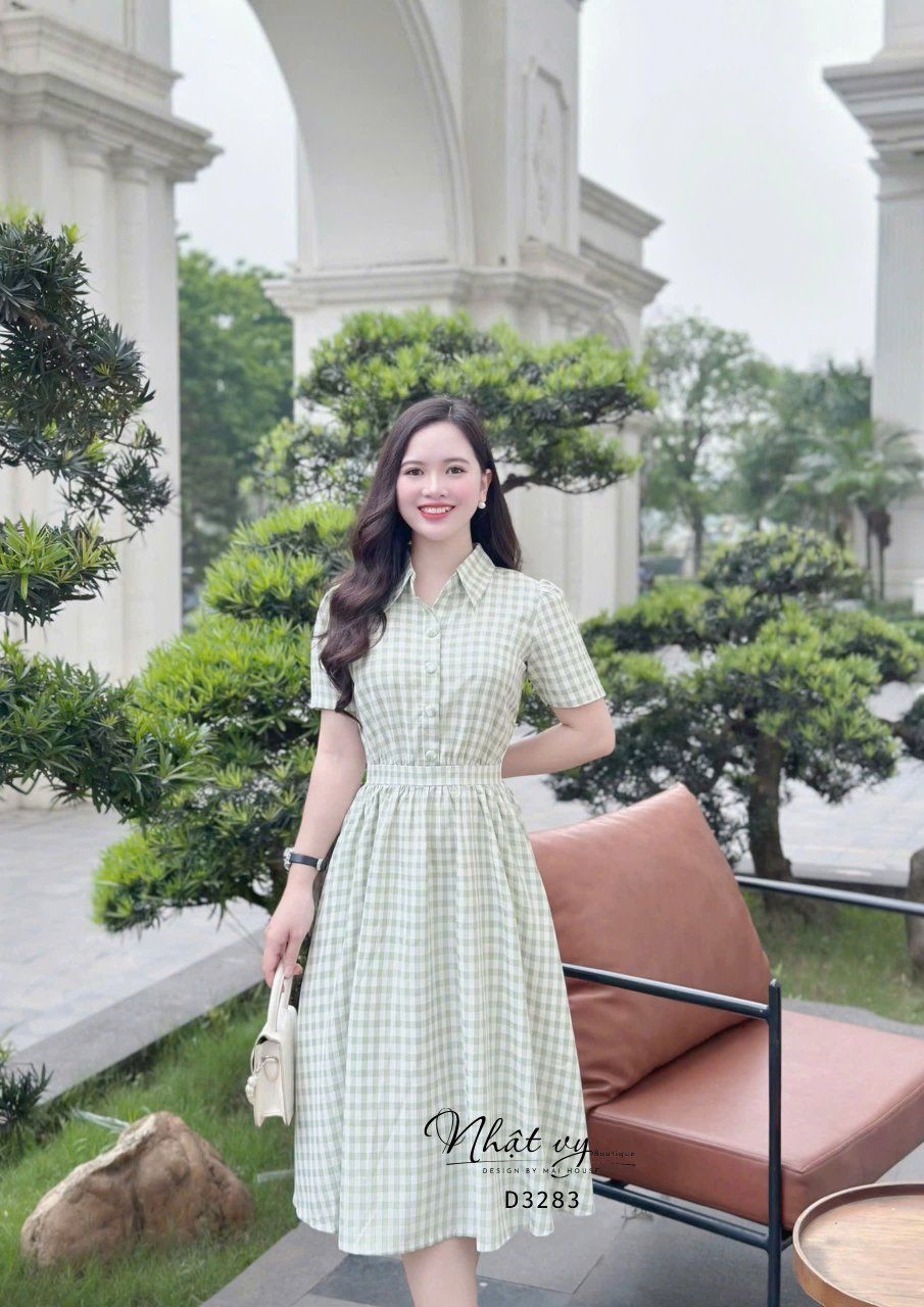 Đầm sơ mi caro đính nút bọc - D3283