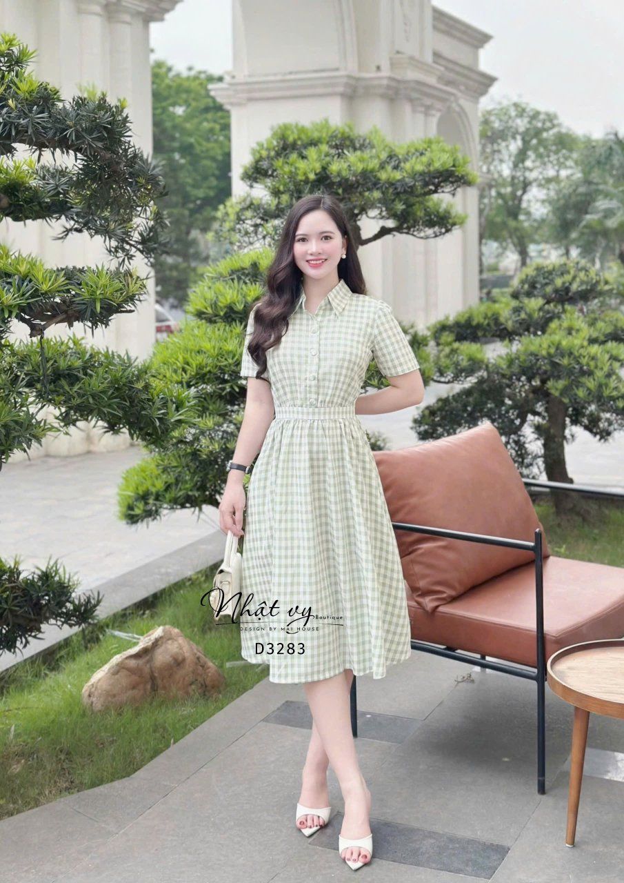 Đầm sơ mi caro đính nút bọc - D3283