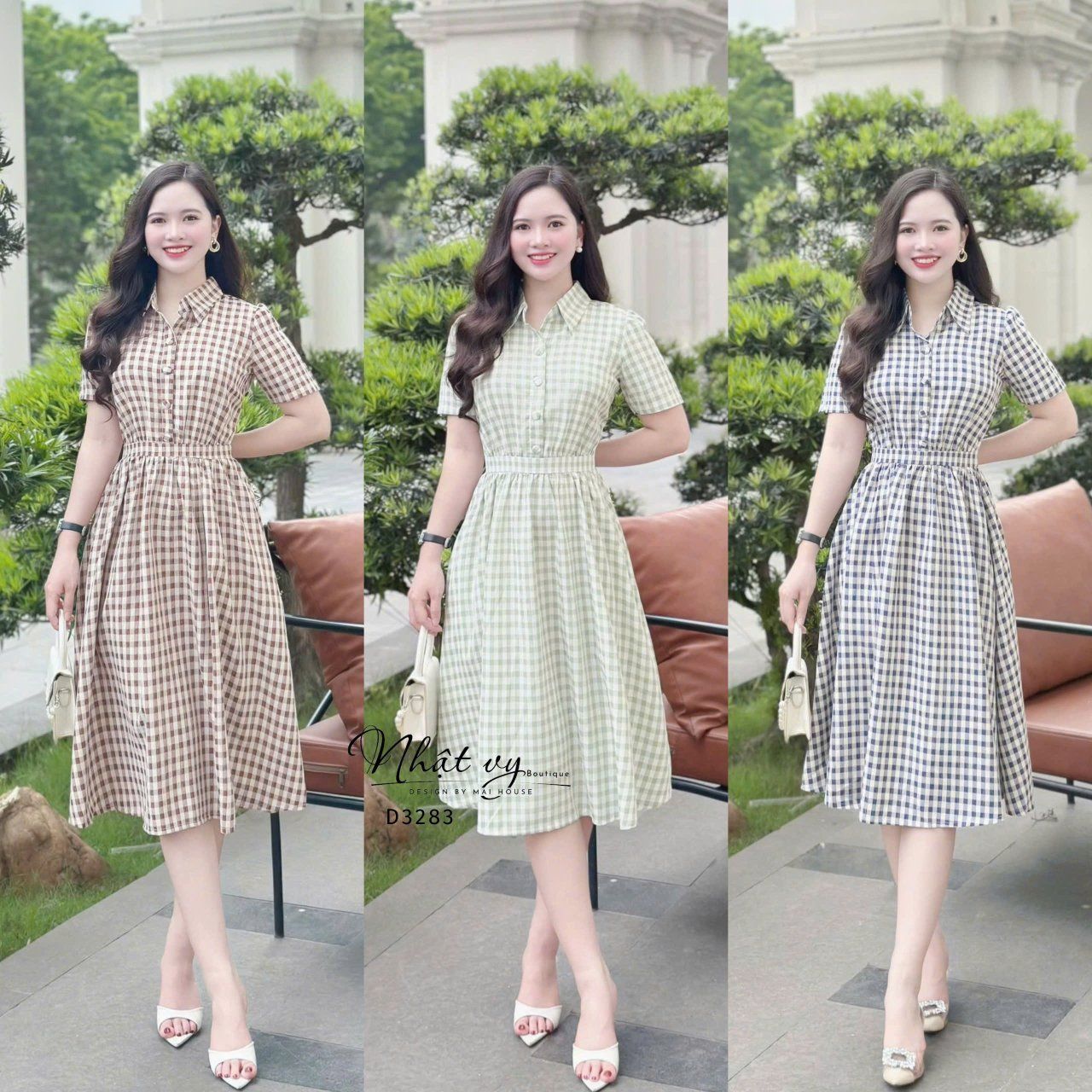 Đầm sơ mi caro đính nút bọc - D3283
