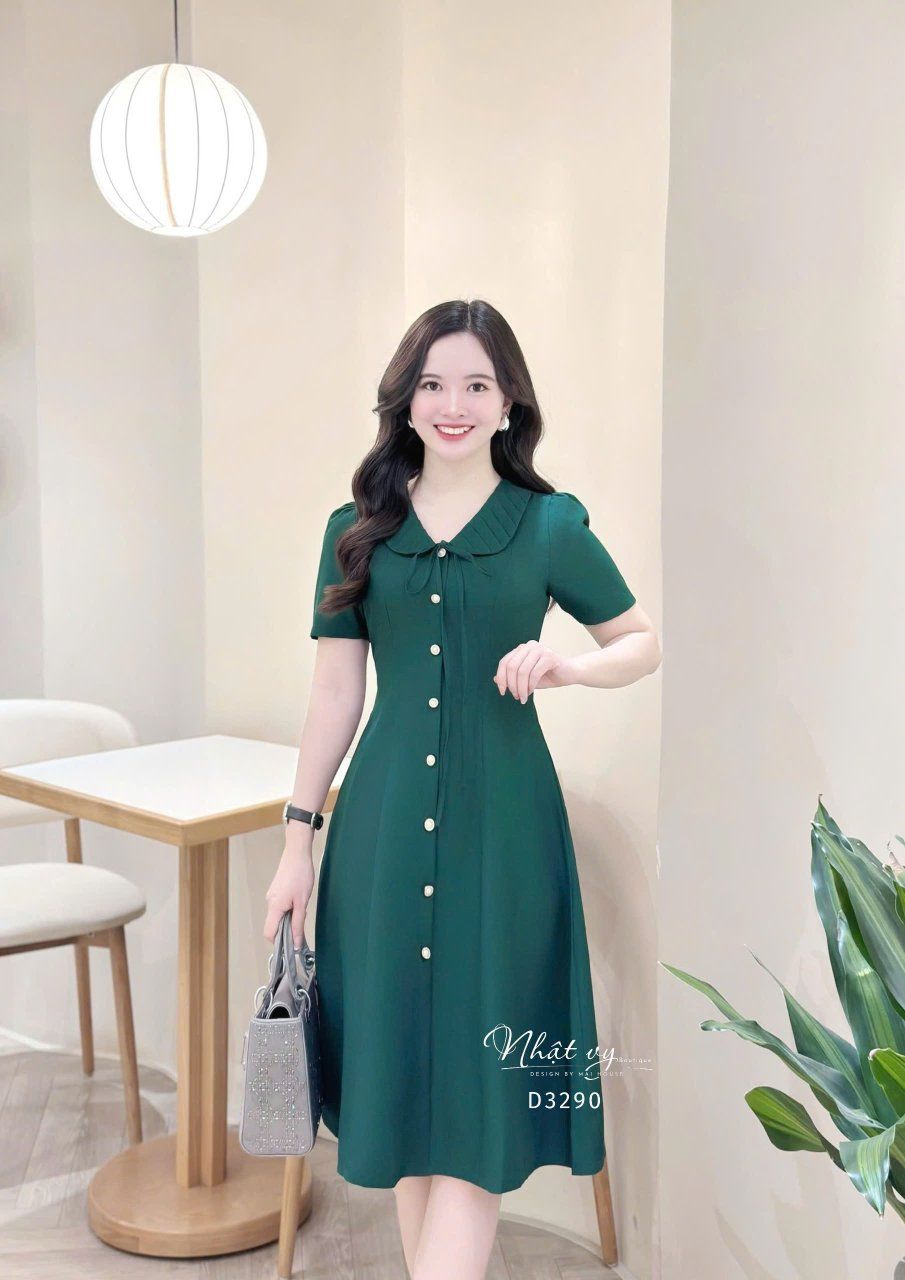 Đầm cổ bèo đính nút kiểu form dáng ôm - D3290