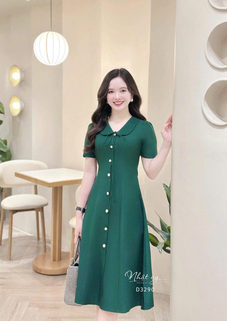 Đầm cổ bèo đính nút kiểu form dáng ôm - D3290