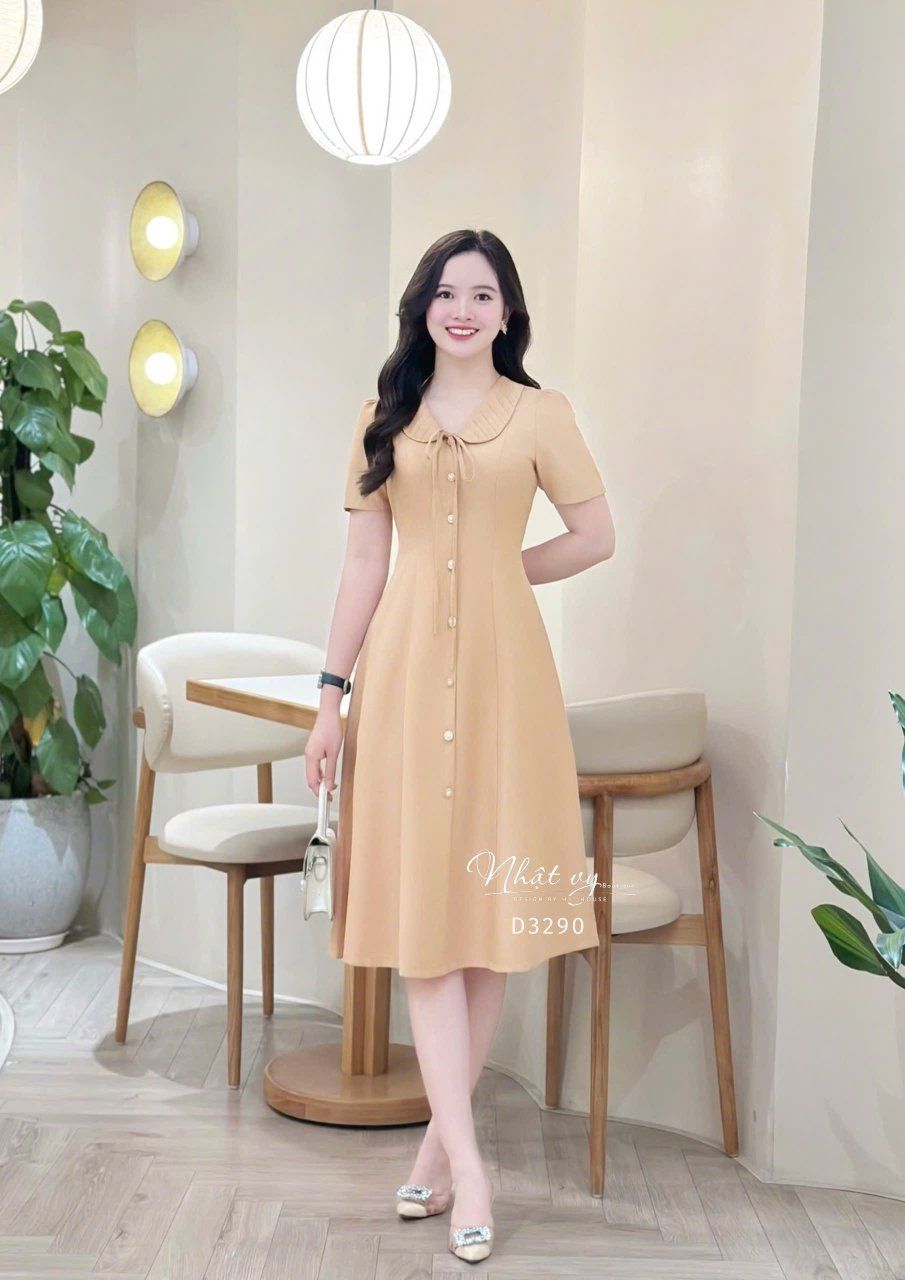 Đầm cổ bèo đính nút kiểu form dáng ôm - D3290