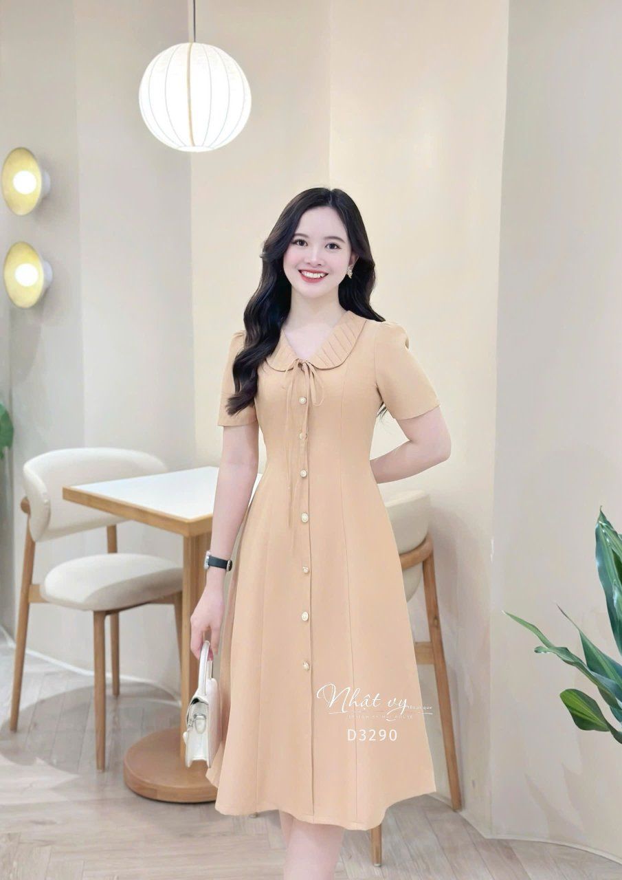 Đầm cổ bèo đính nút kiểu form dáng ôm - D3290