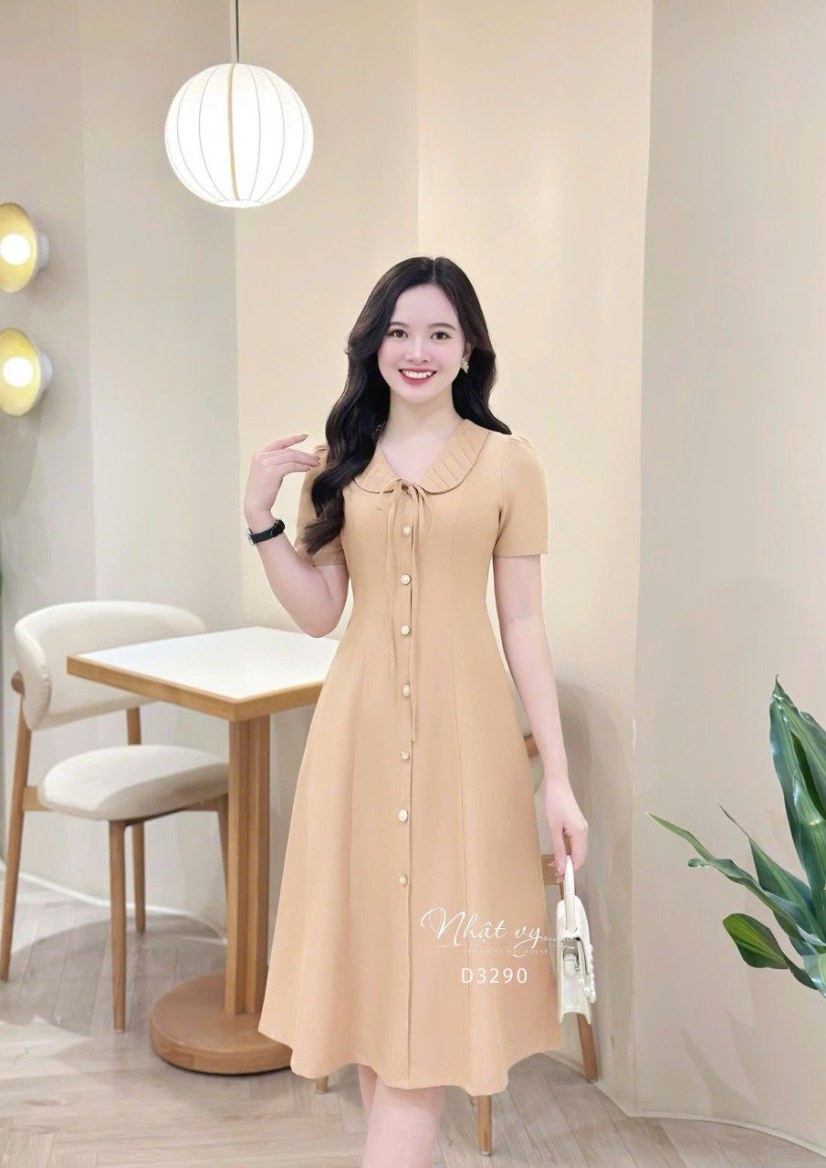 Đầm cổ bèo đính nút kiểu form dáng ôm - D3290