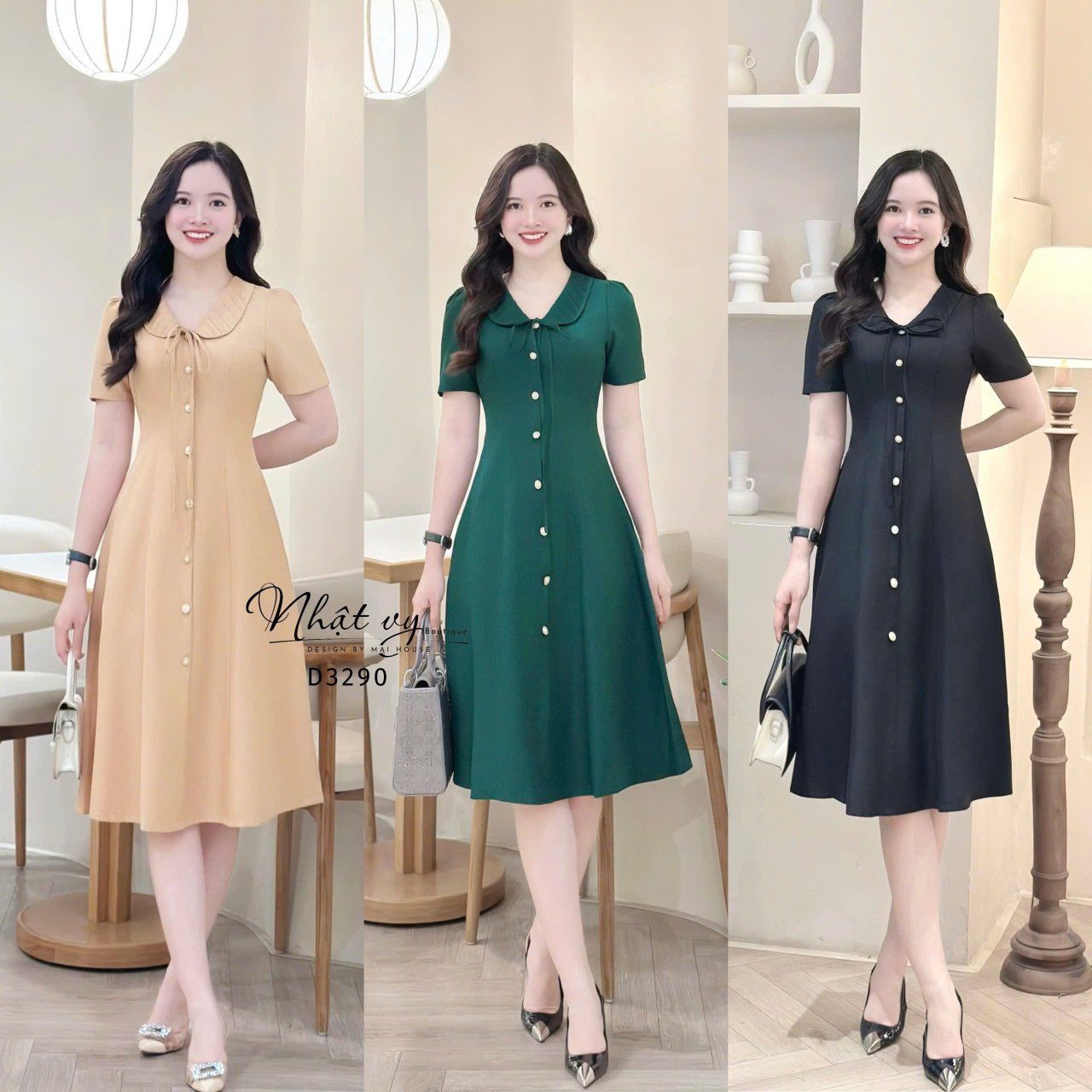 Đầm cổ bèo đính nút kiểu form dáng ôm - D3290