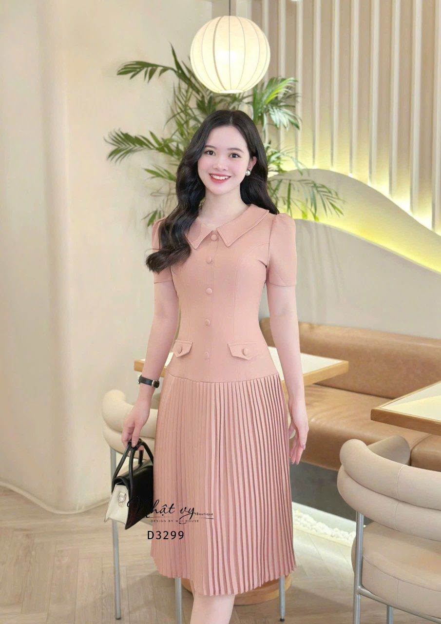 Đầm cổ tim đính nút bọc form dáng dài - D3299