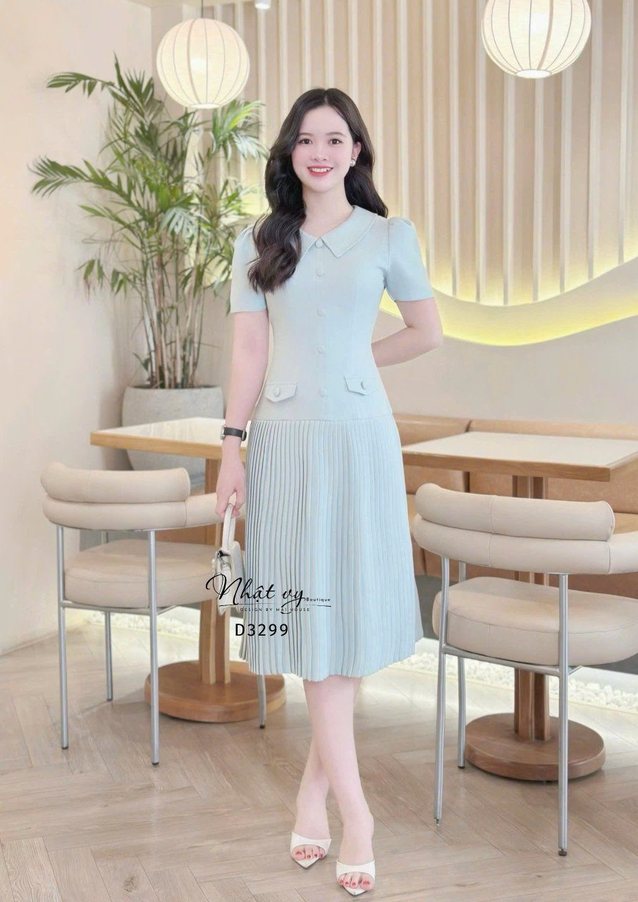 Đầm cổ tim đính nút bọc form dáng dài - D3299