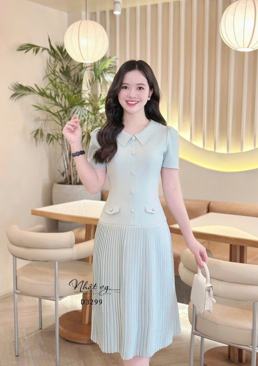 Đầm cổ tim đính nút bọc form dáng dài - D3299