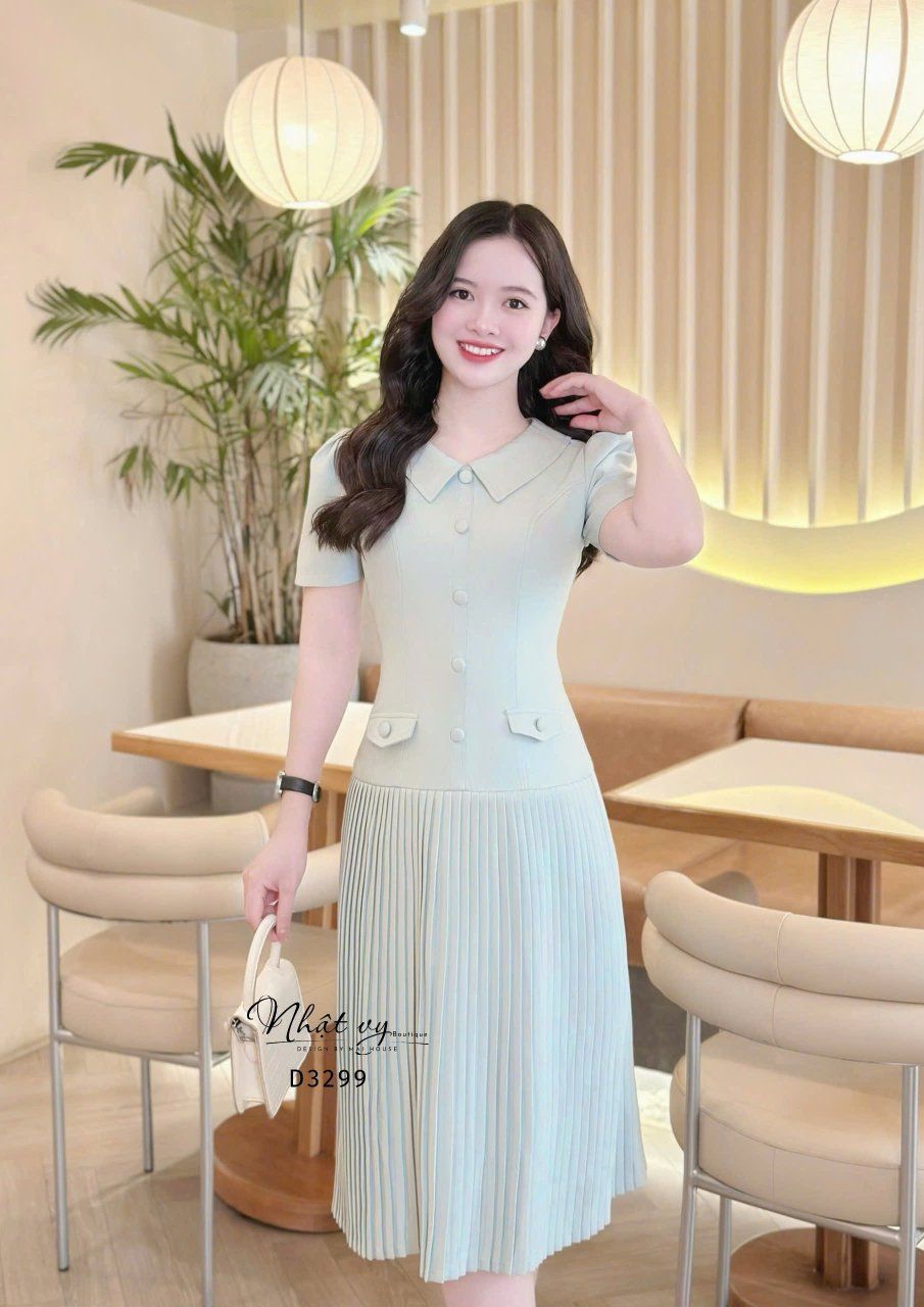 Đầm cổ tim đính nút bọc form dáng dài - D3299