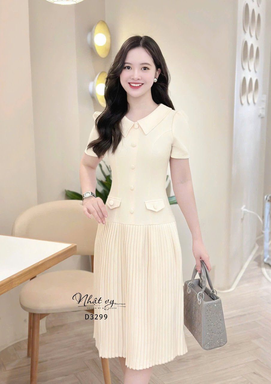 Đầm cổ tim đính nút bọc form dáng dài - D3299