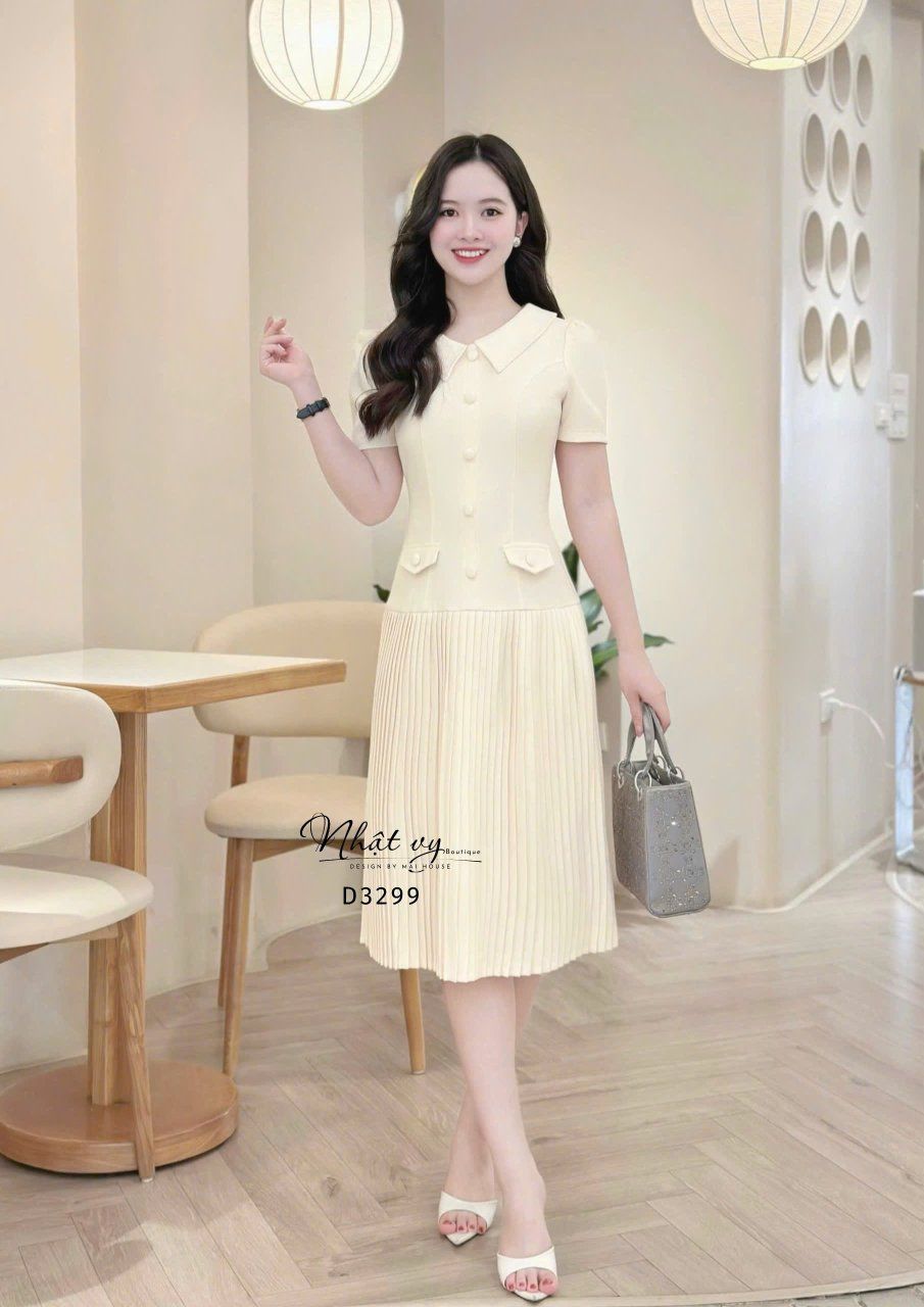 Đầm cổ tim đính nút bọc form dáng dài - D3299