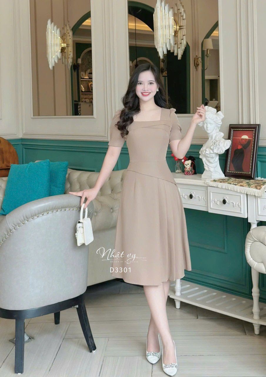 Đầm cổ vuông xếp ly eo cách điệu form dáng ôm - D3301