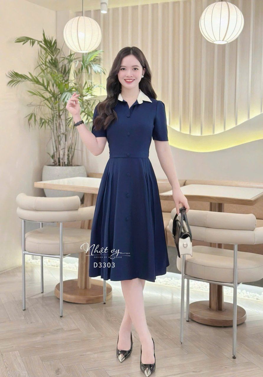 Đầm cổ sơ mi nhún eo cách điệu - D3303