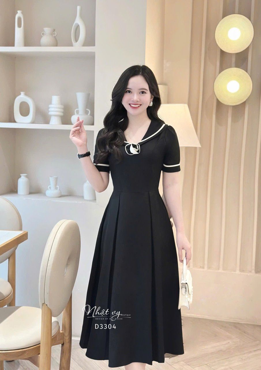 Đầm cổ bèo phối viền form dáng xoè - D3304