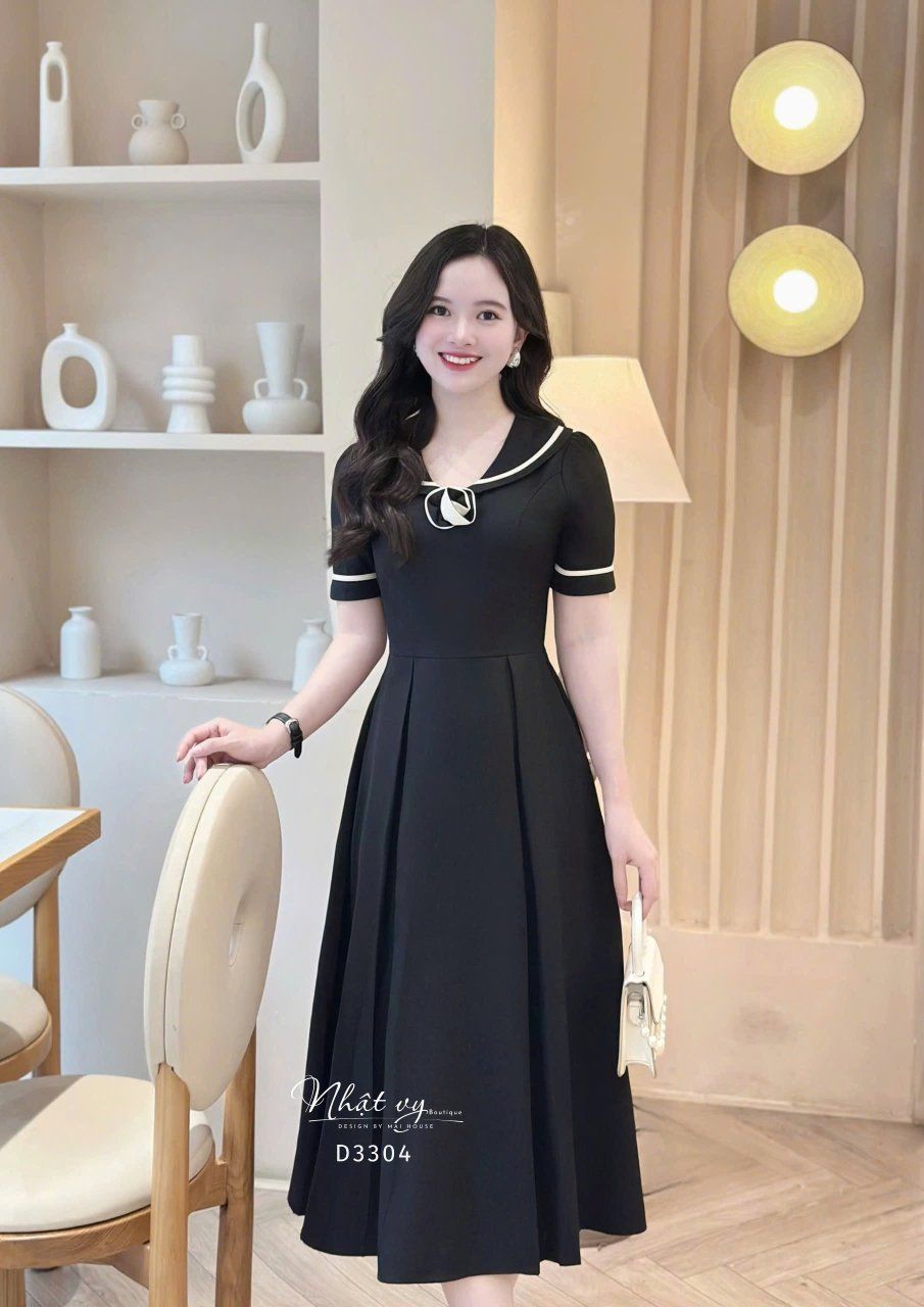 Đầm cổ bèo phối viền form dáng xoè - D3304