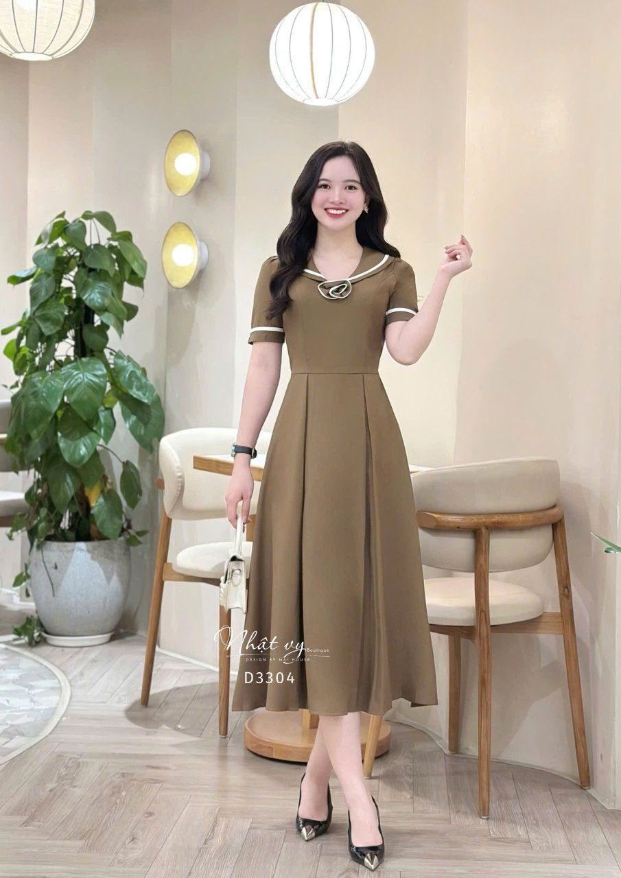 Đầm cổ bèo phối viền form dáng xoè - D3304