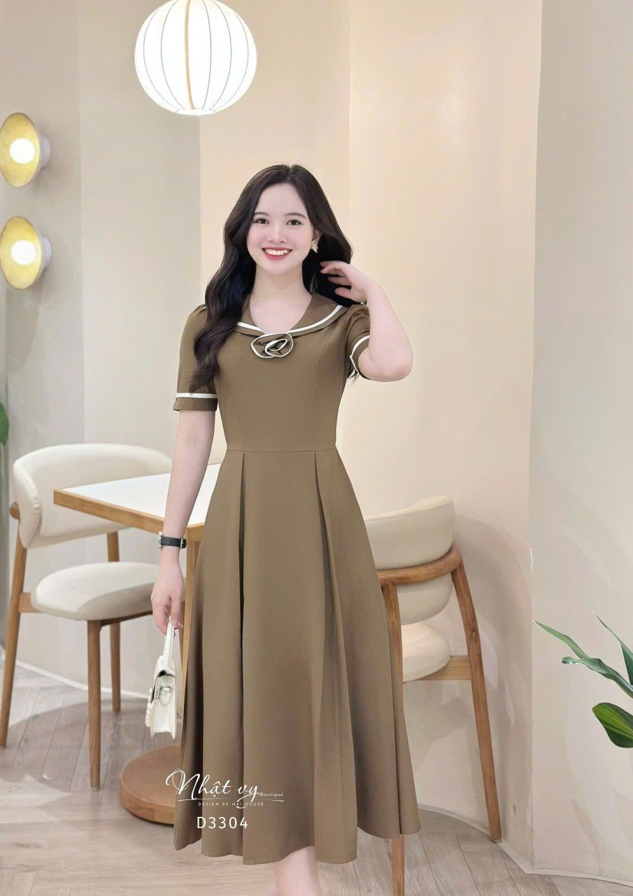 Đầm cổ bèo phối viền form dáng xoè - D3304