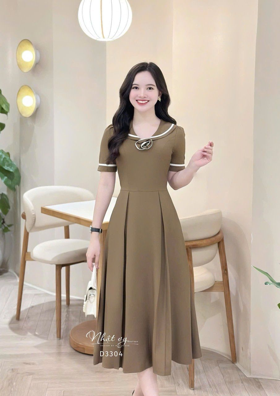 Đầm cổ bèo phối viền form dáng xoè - D3304