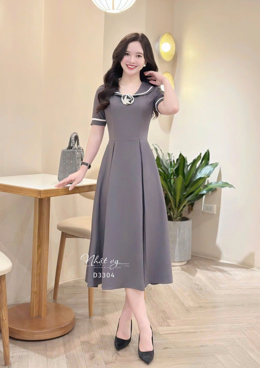 Đầm cổ bèo phối viền form dáng xoè - D3304