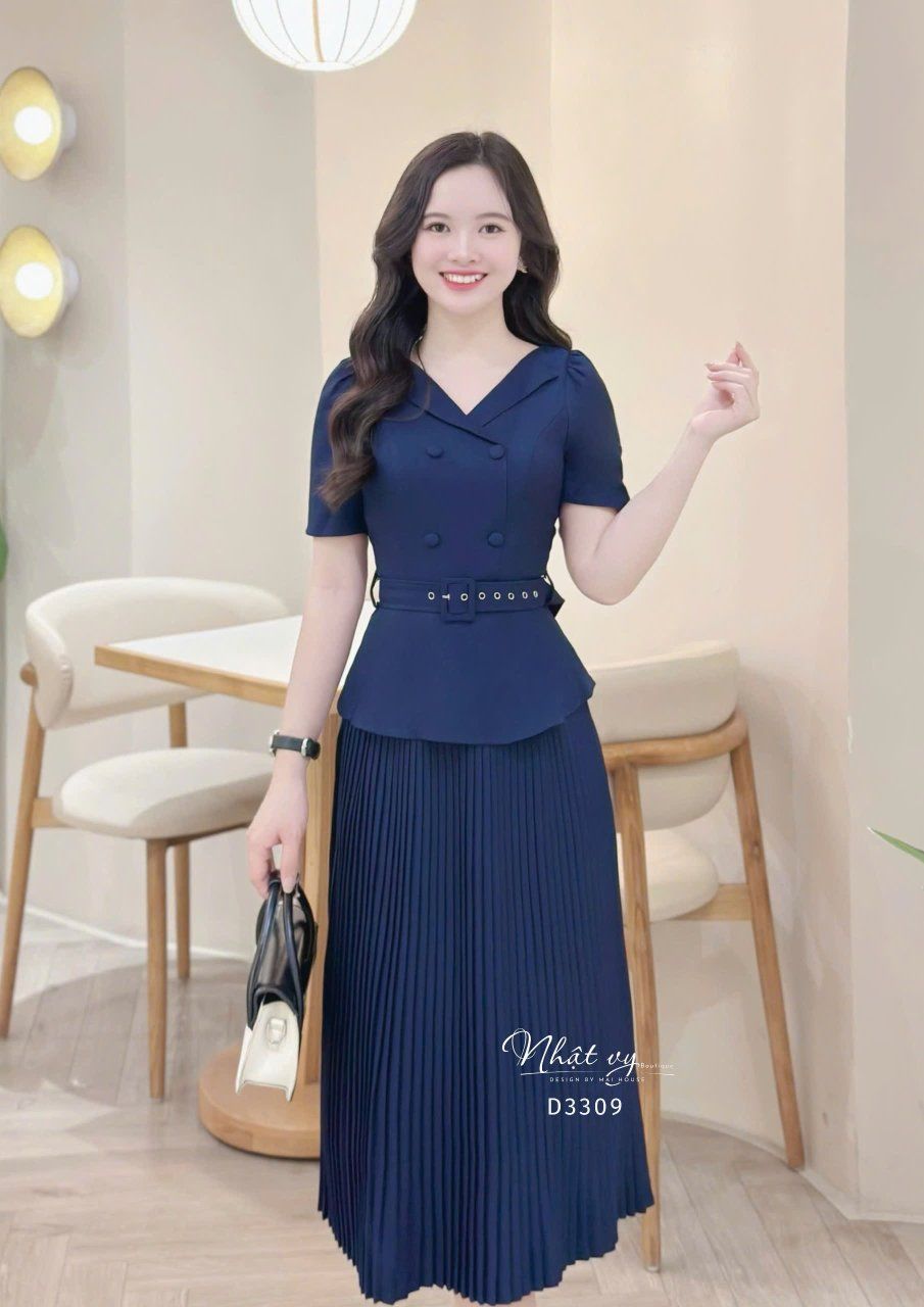 Đầm peplum cổ V đính nút bọc - D3309
