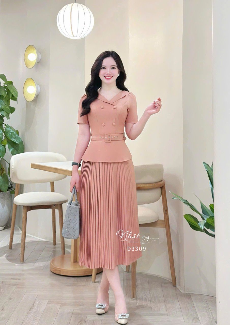 Đầm peplum cổ V đính nút bọc - D3309