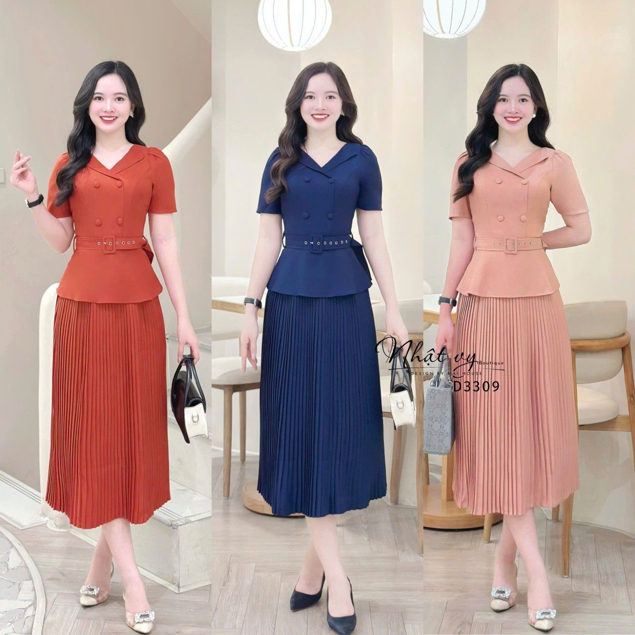 Đầm peplum cổ V đính nút bọc - D3309