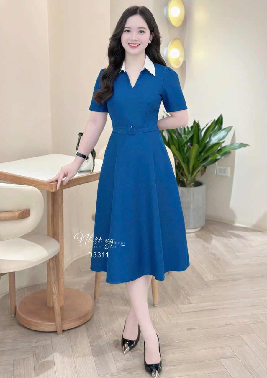 Đầm cổ V phối bèo cổ form dáng xoè - D3311