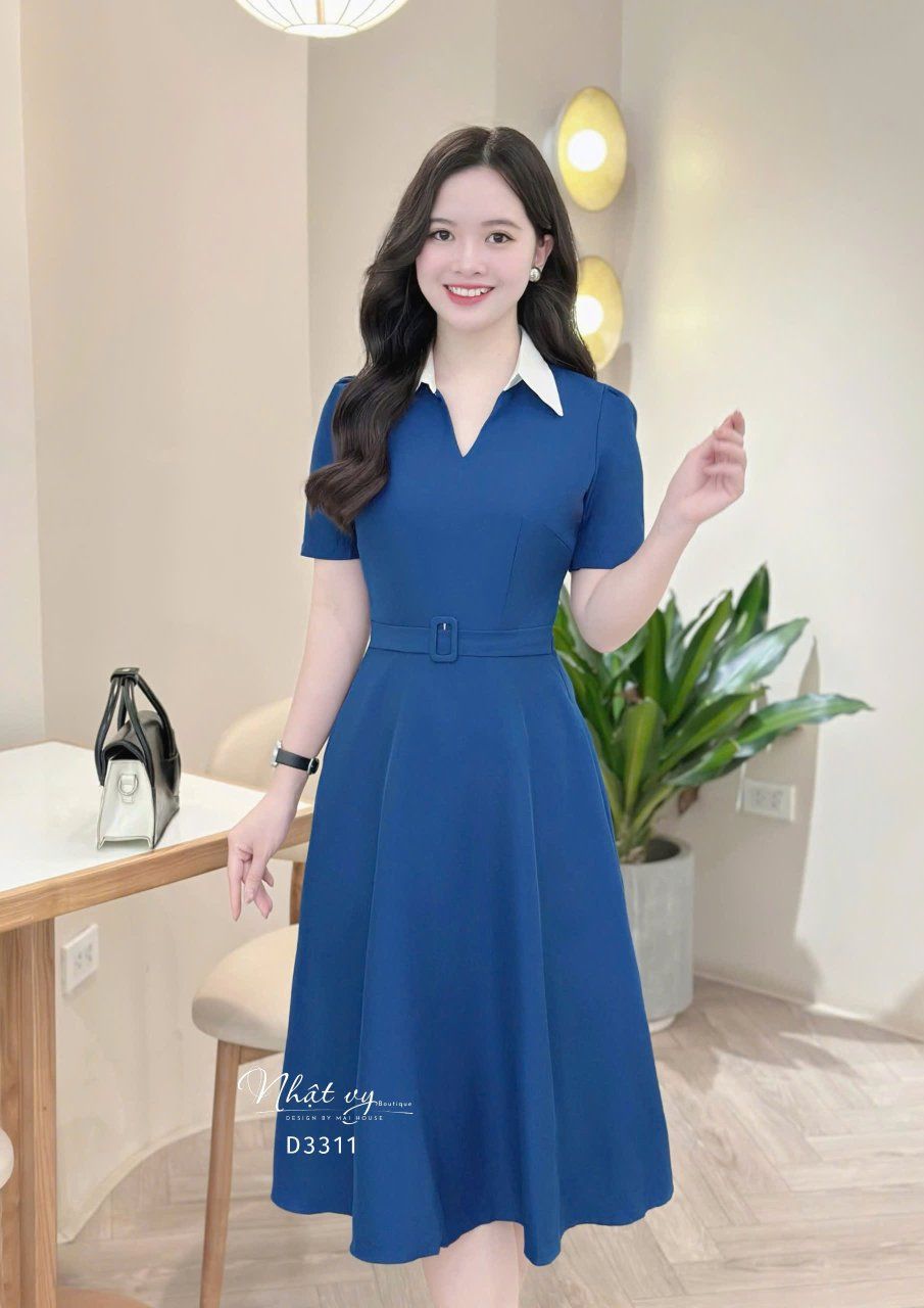 Đầm cổ V phối bèo cổ form dáng xoè - D3311