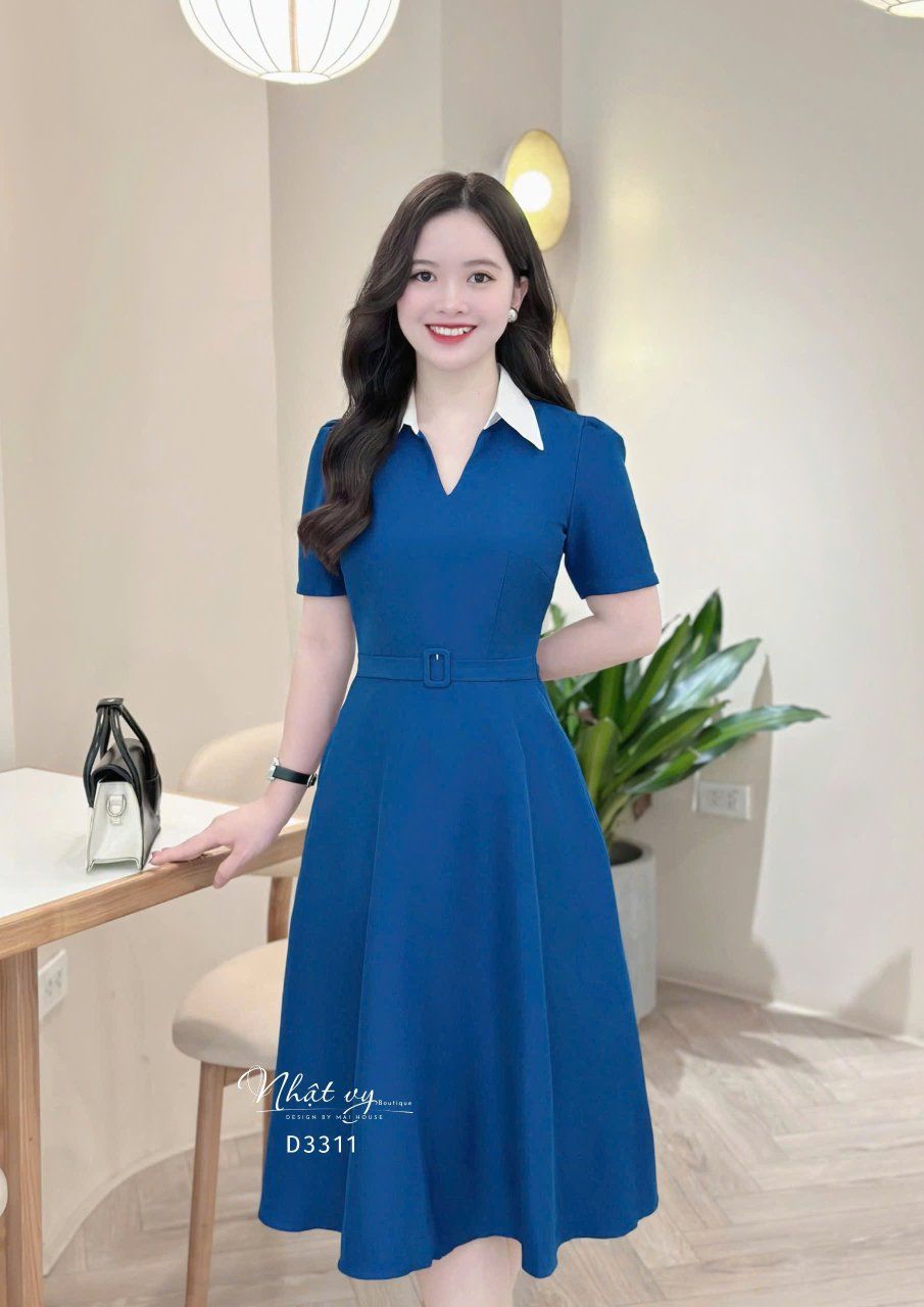 Đầm cổ V phối bèo cổ form dáng xoè - D3311