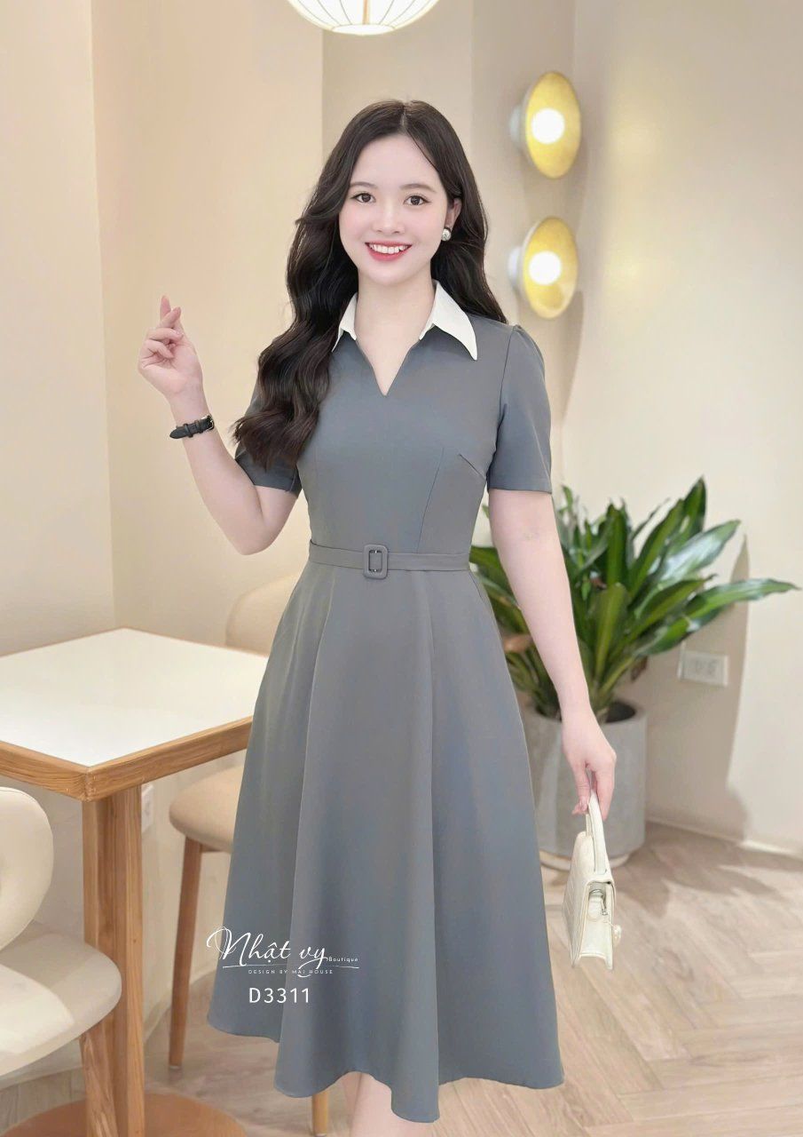 Đầm cổ V phối bèo cổ form dáng xoè - D3311