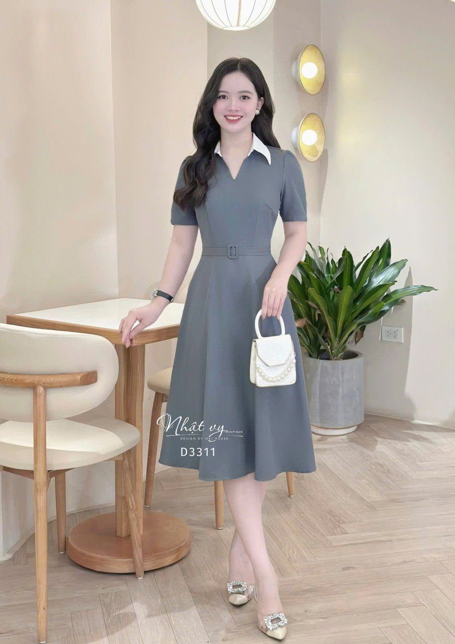 Đầm cổ V phối bèo cổ form dáng xoè - D3311