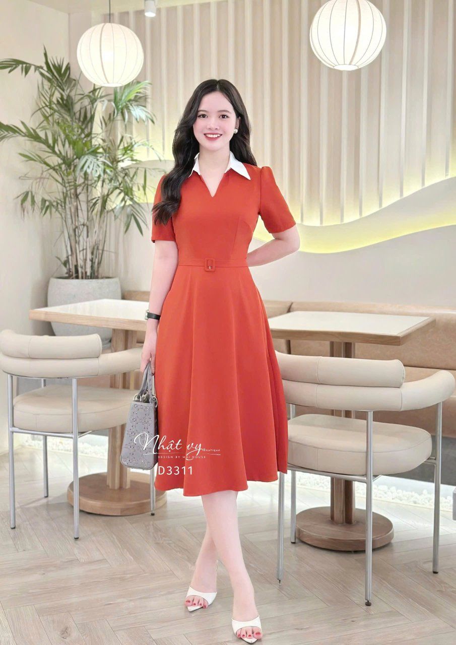 Đầm cổ V phối bèo cổ form dáng xoè - D3311
