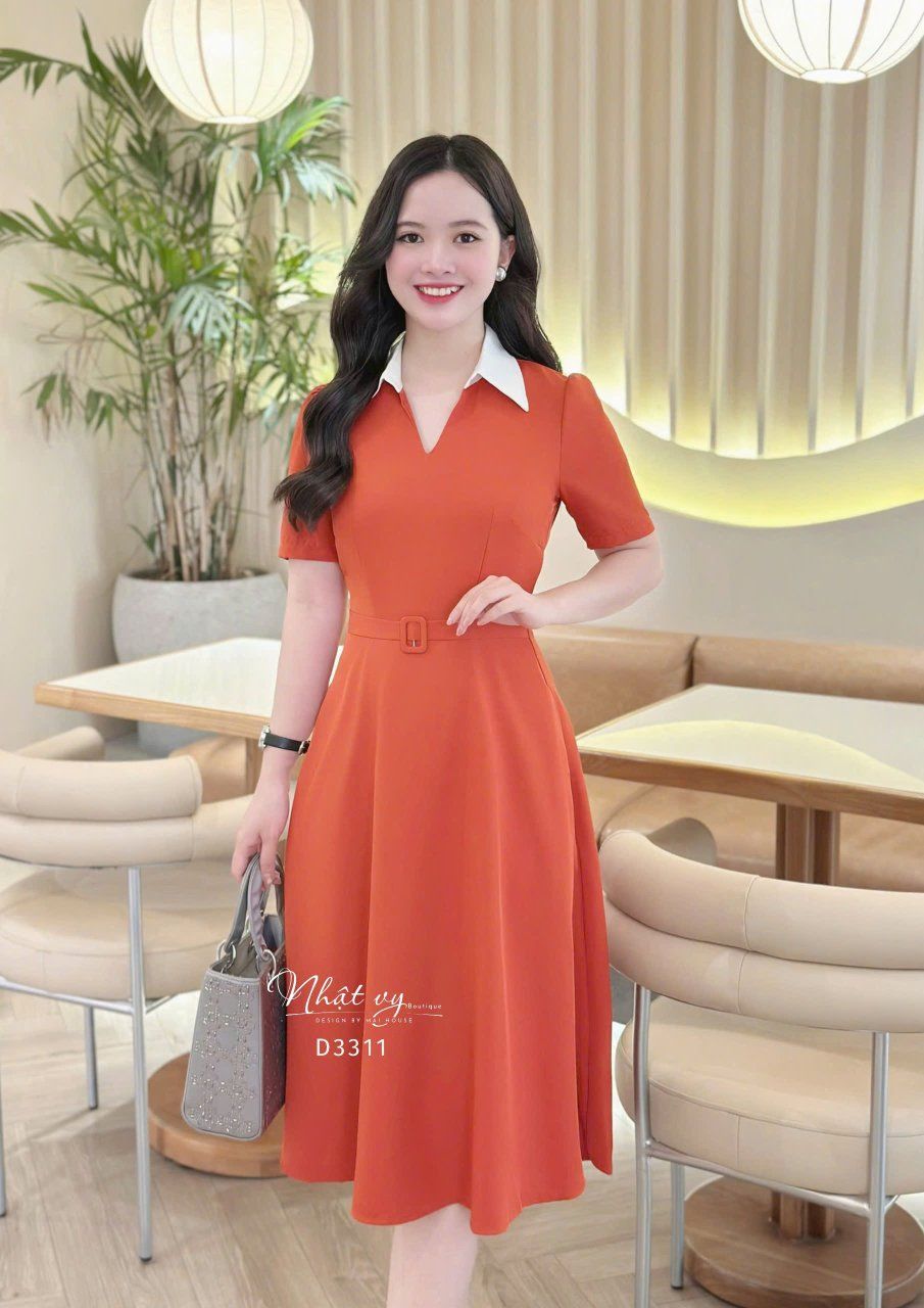 Đầm cổ V phối bèo cổ form dáng xoè - D3311