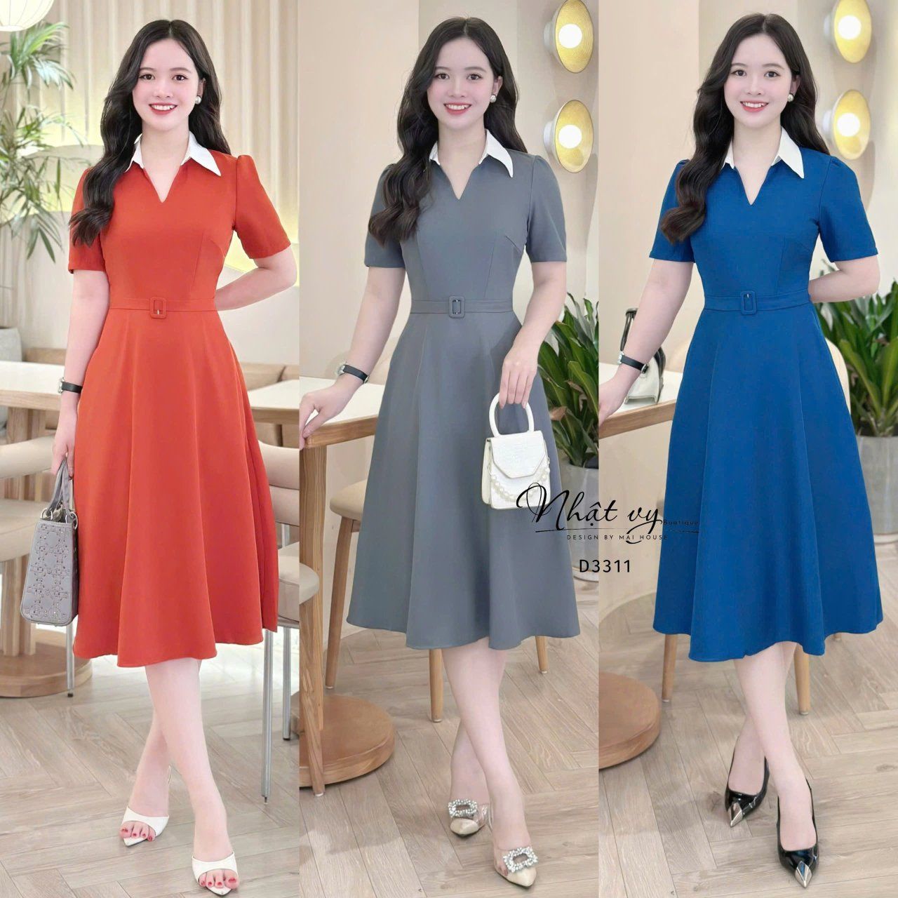 Đầm cổ V phối bèo cổ form dáng xoè - D3311