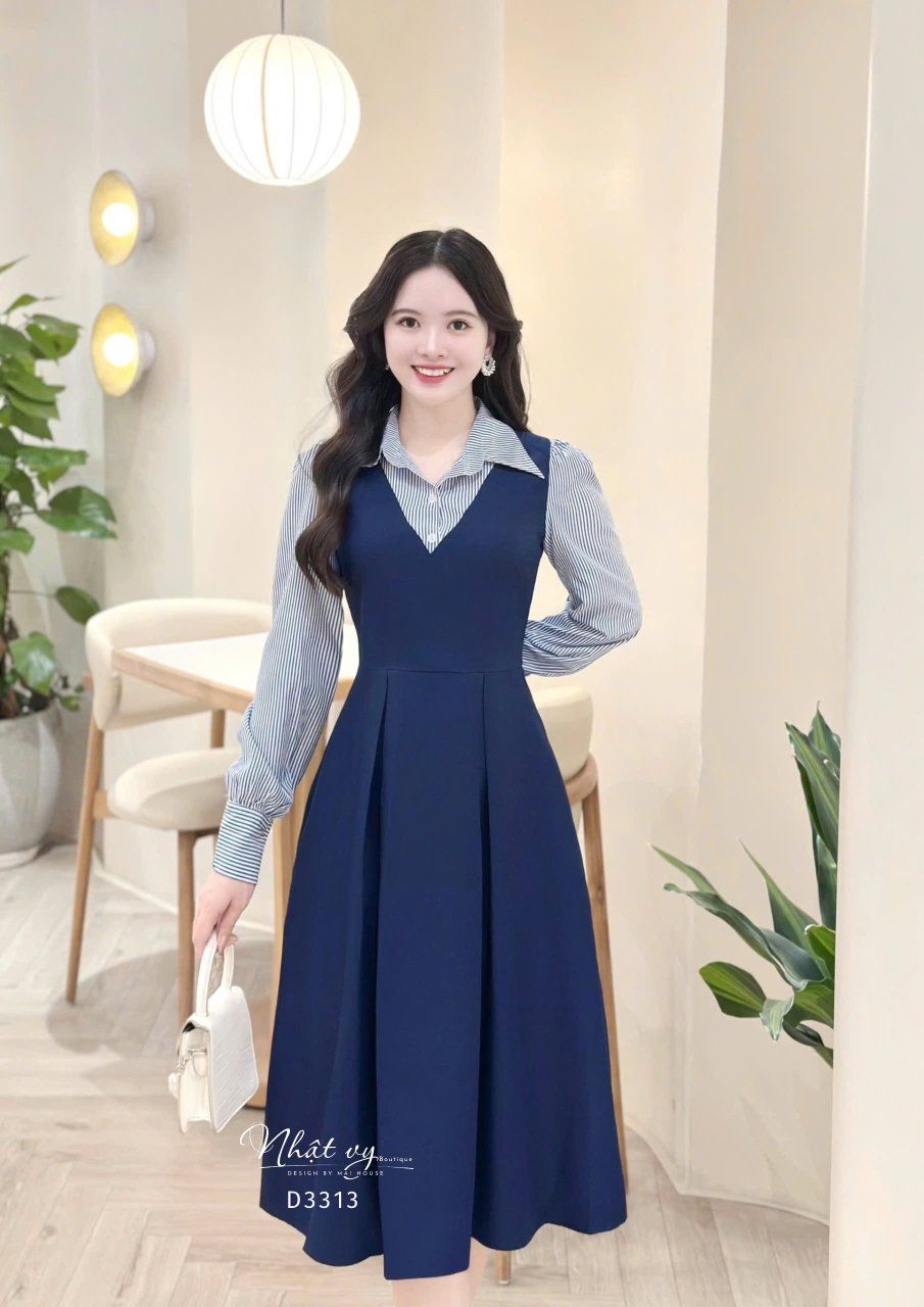 Đầm phối cổ sơ mi tay dài form dáng xoè - D3313