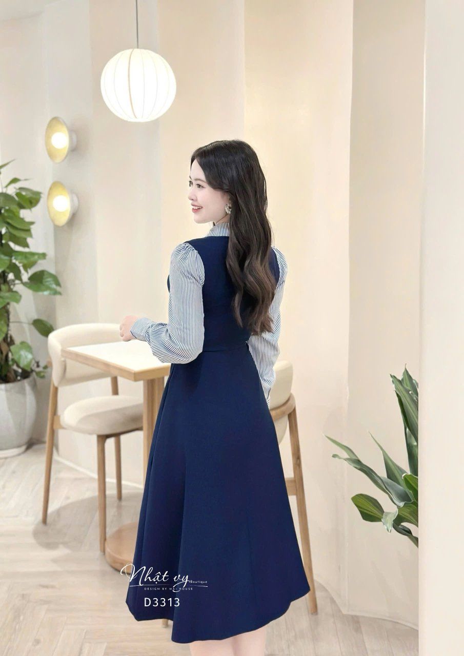 Đầm phối cổ sơ mi tay dài form dáng xoè - D3313