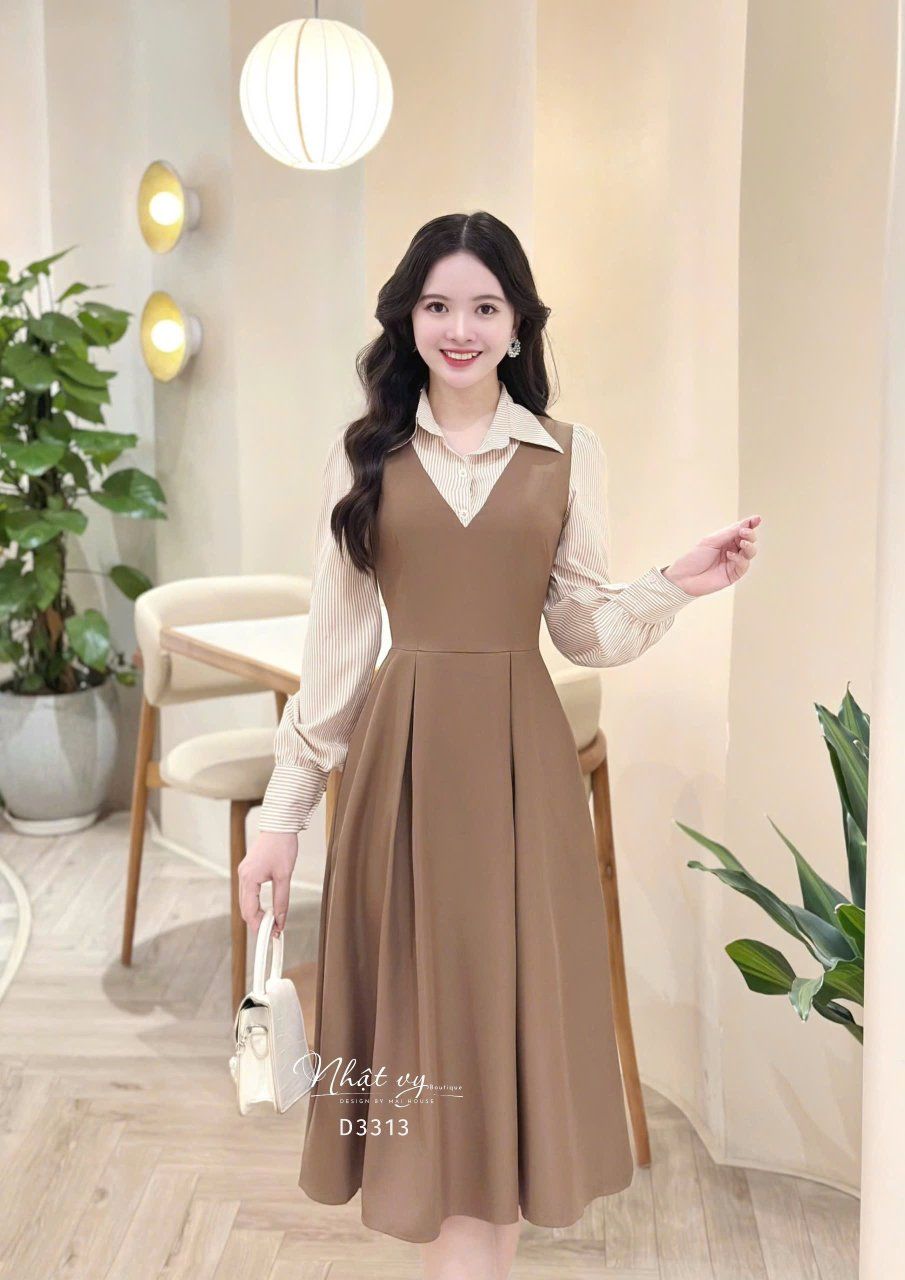 Đầm phối cổ sơ mi tay dài form dáng xoè - D3313