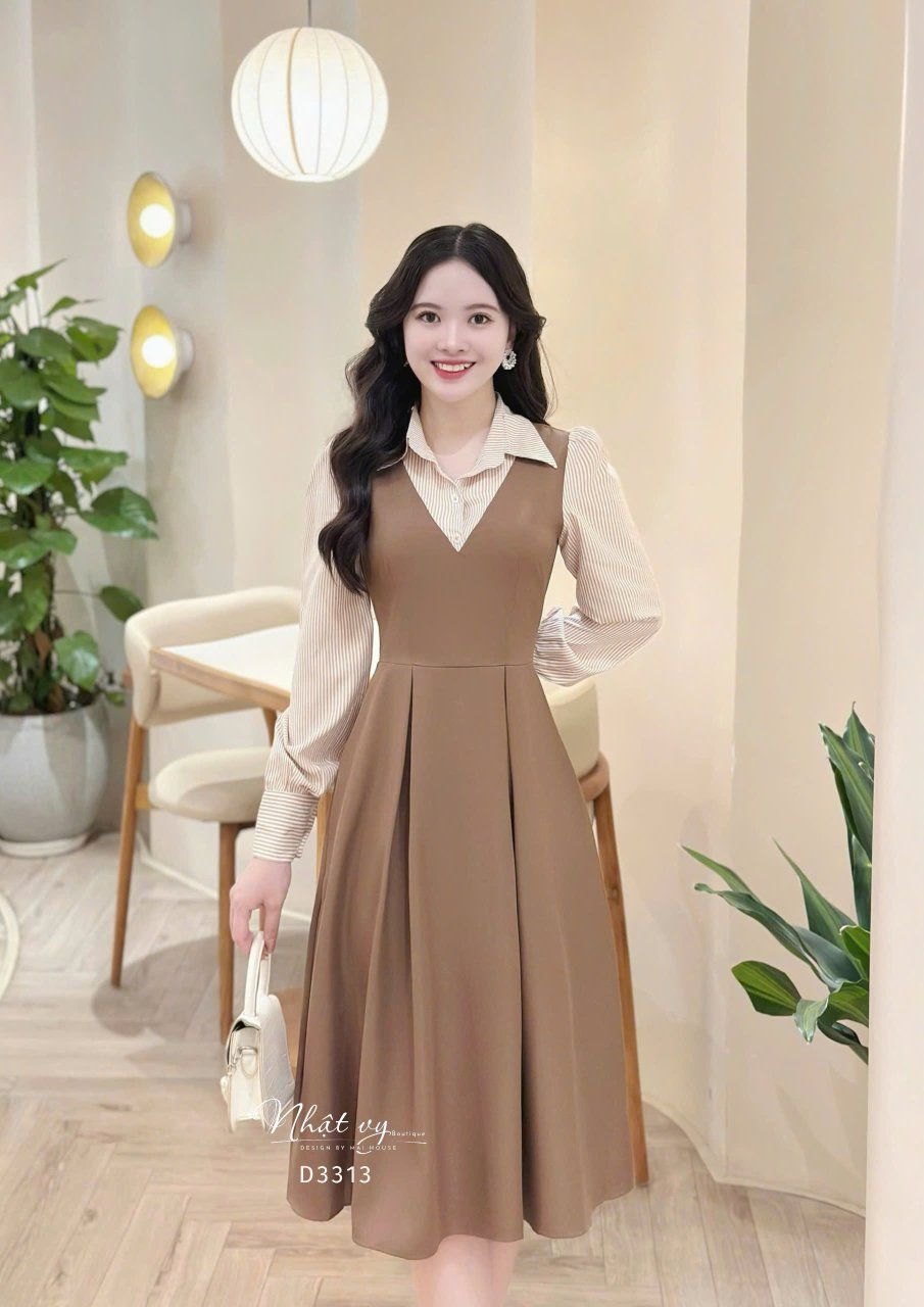 Đầm phối cổ sơ mi tay dài form dáng xoè - D3313