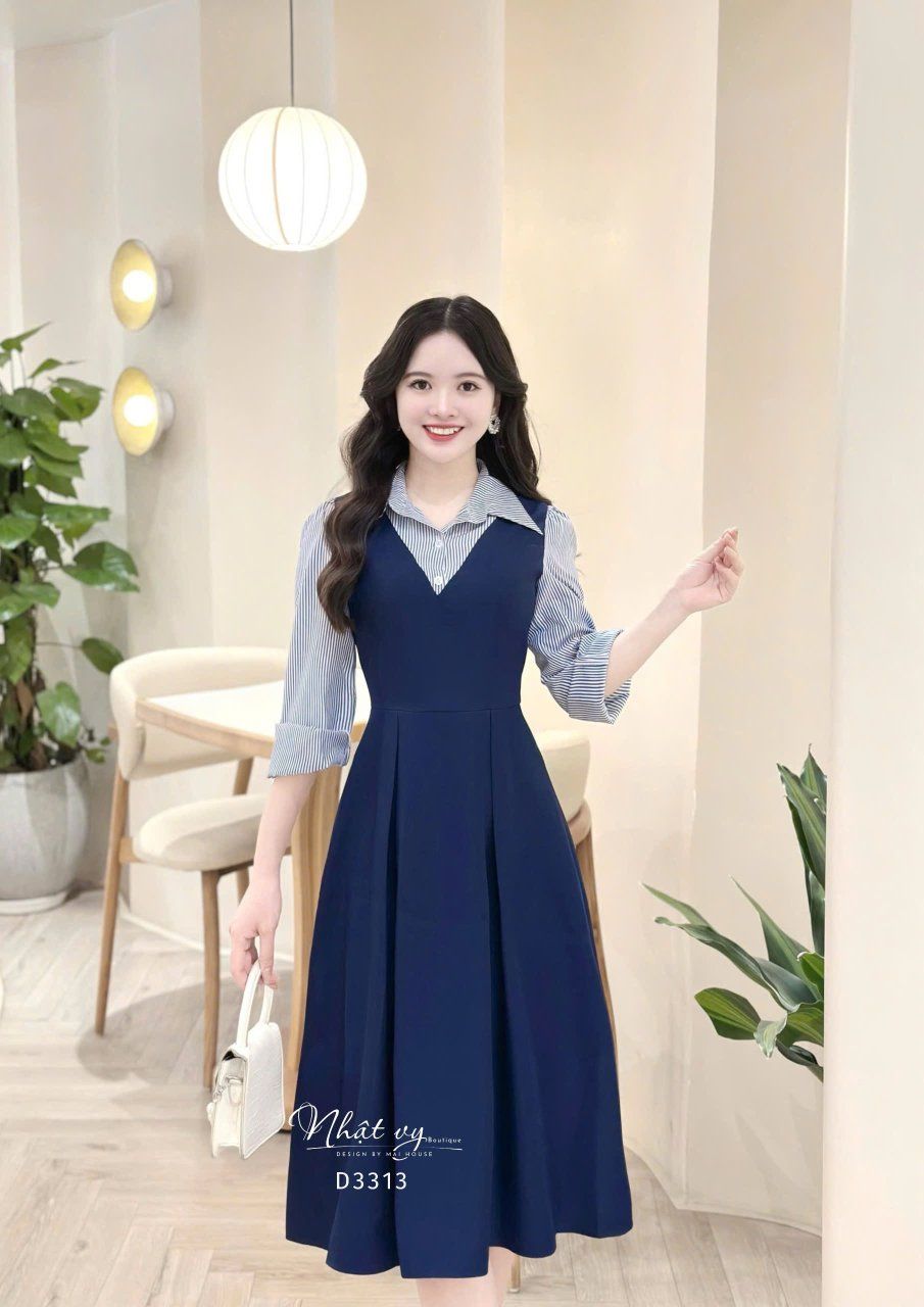 Đầm phối cổ sơ mi tay dài form dáng xoè - D3313
