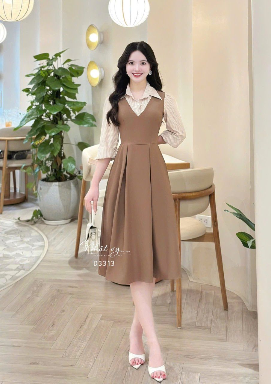 Đầm phối cổ sơ mi tay dài form dáng xoè - D3313