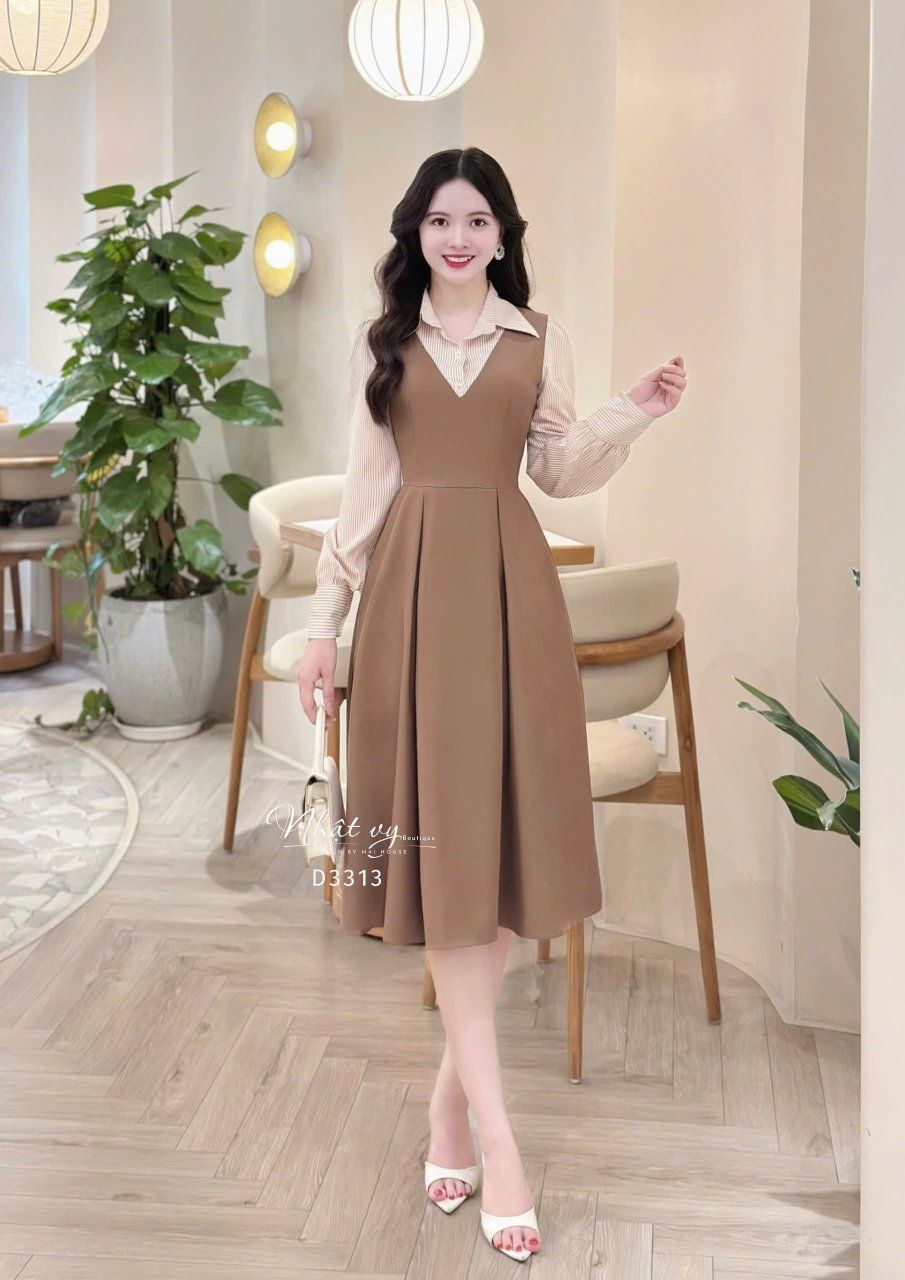 Đầm phối cổ sơ mi tay dài form dáng xoè - D3313
