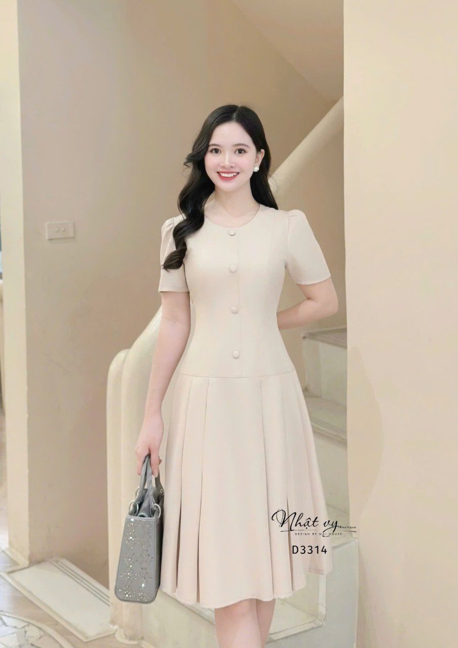 Đầm cổ tròn đắp túi giả form dáng ôm - D3314