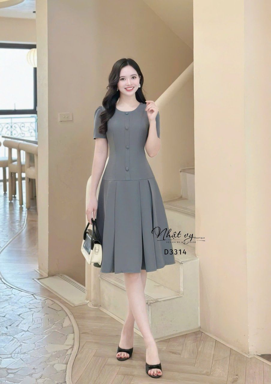 Đầm cổ tròn đắp túi giả form dáng ôm - D3314
