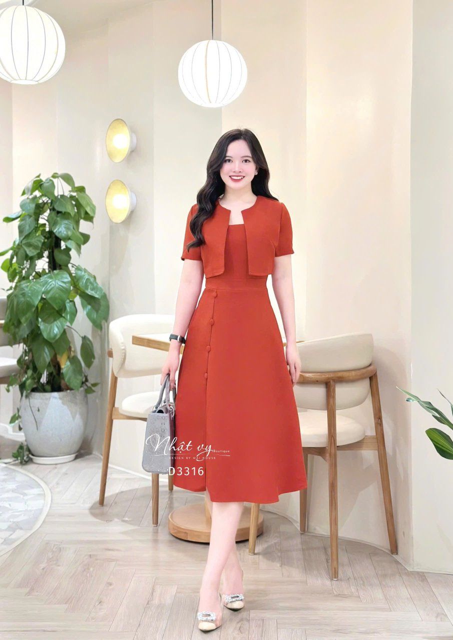Set đầm 2 dây đính nút bọc kèm áo khoác - D3316